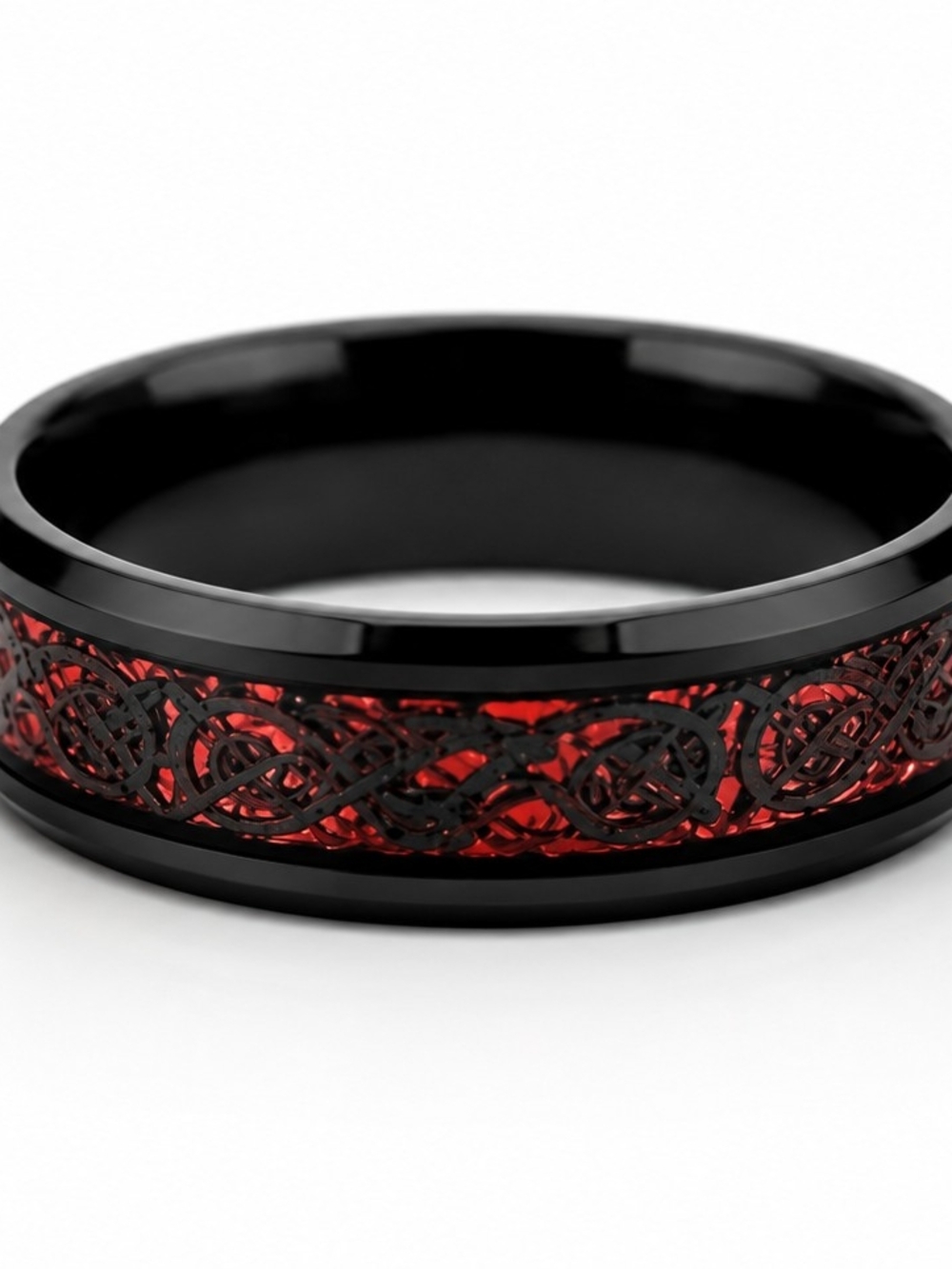 Black Men's Celtic Inlay Ring with Red Accent